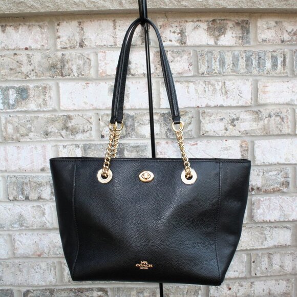Coach Black Pebbled Leather Chain Tote Bag 57107 Turnlock Gold Hardware Dust Bag - Picture 2 of 16